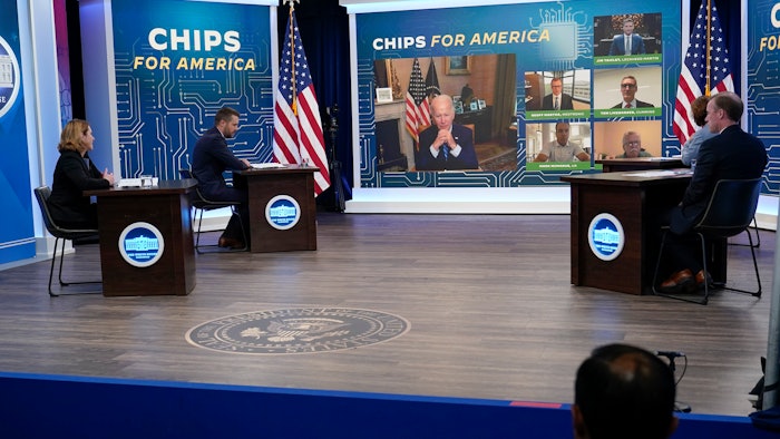 President Joe Biden speaks virtually during an event in the South Court Auditorium on the White House complex in Washington, Monday, July 25, 2022. Biden, who continues to recover from his coronavirus infection, spoke virtually with business executives and labor leaders to discuss the Chips Act, a proposal to bolster domestic manufacturing.